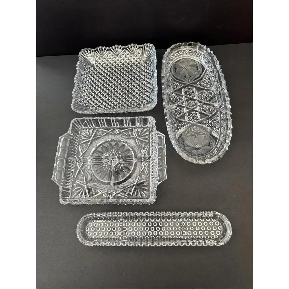 Gorgeous Set Of 4 VINTAGE CUT CLEAR GLASS DRESSER TRAYS “ Chipped”